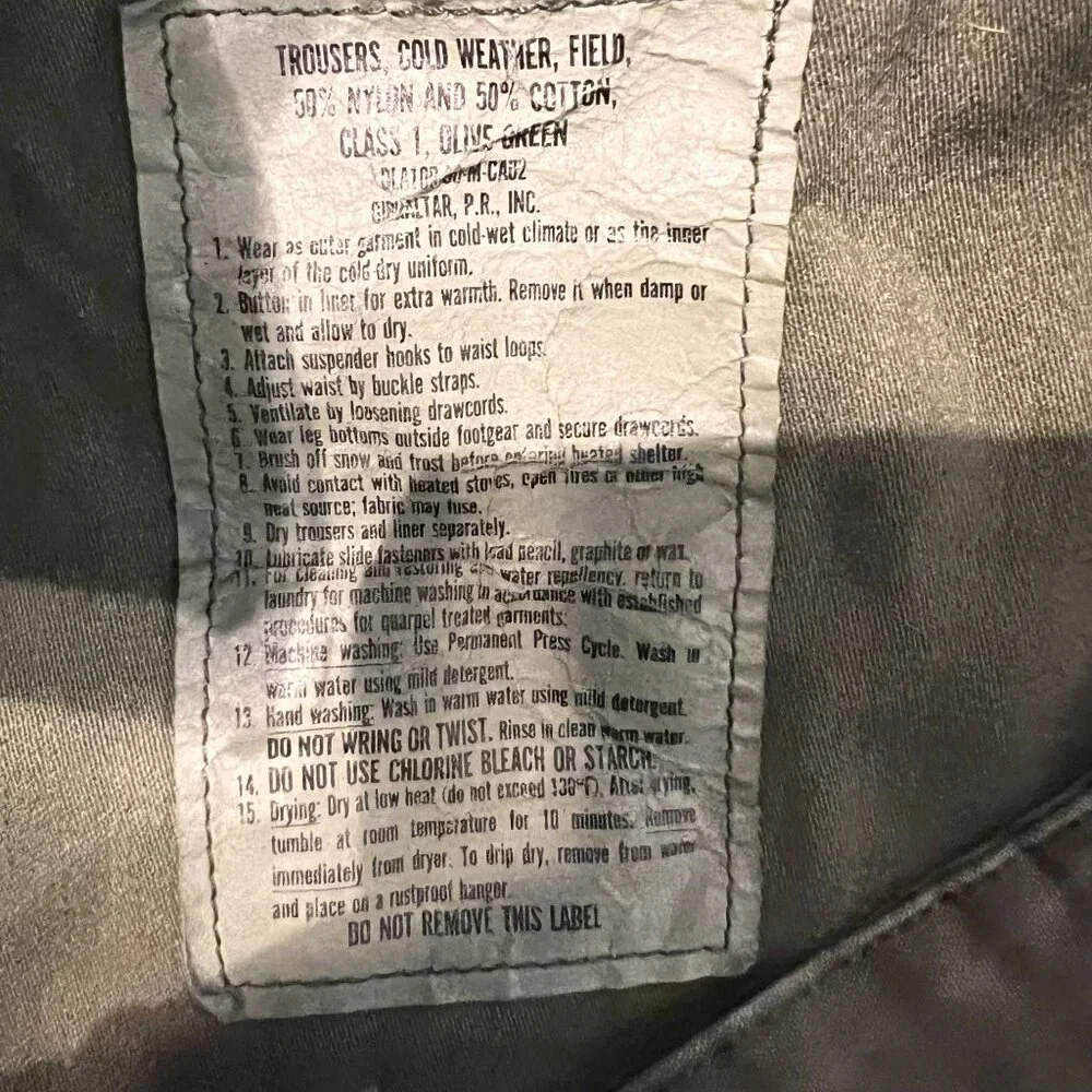 Military pant Cold Weather Field Trousers DLA100-90-M-CA02 vintage gibraltar P.R